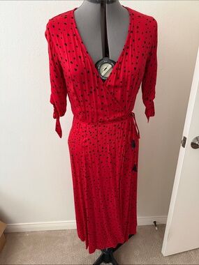 Red and Black Heart Polka Dot Wrap Midi Dress